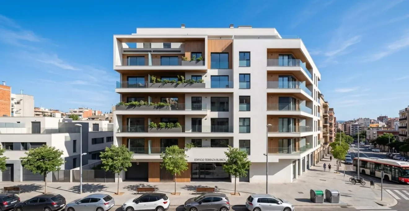 Fachada de un edificio residencial moderno español en entorno urbano bajo un cielo despejado y luminoso