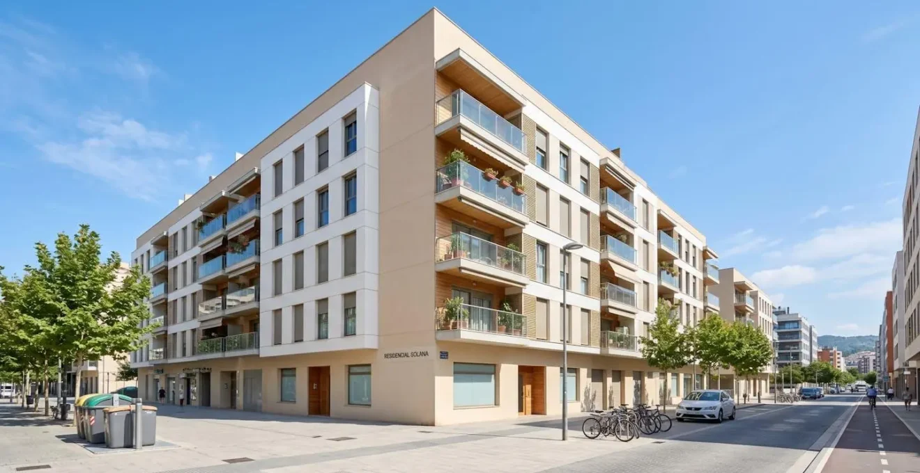 Fachada de un edificio residencial moderno español en entorno urbano bajo un cielo despejado y luminoso