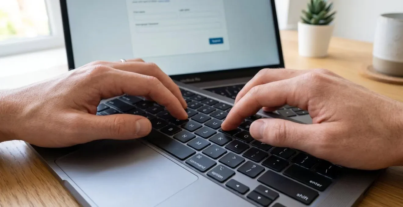 Primer plano de manos de una persona tecleando en un teclado de portátil moderno con pantalla visible pero borrosa mostrando un formulario