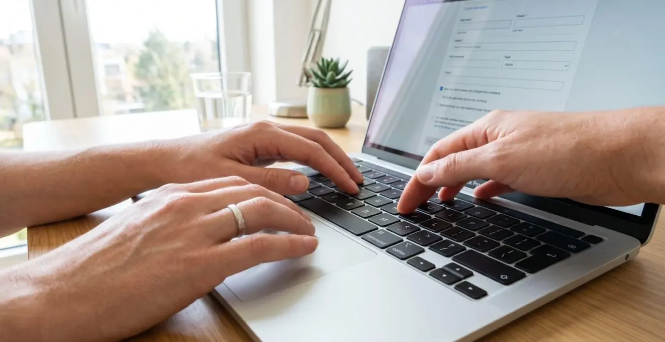 Primer plano de manos de una persona tecleando en un teclado de portátil moderno con pantalla visible pero borrosa mostrando un formulario