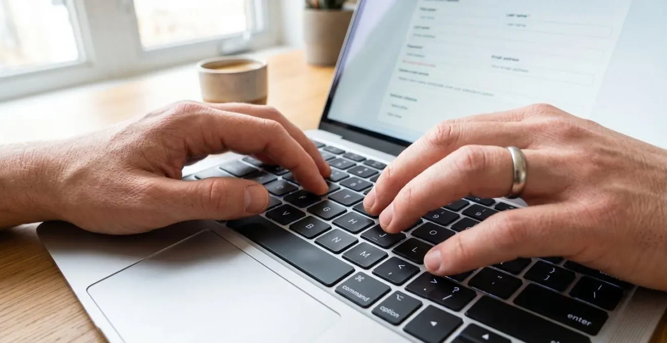 Primer plano de manos de una persona tecleando en un teclado de portátil moderno con pantalla visible pero borrosa mostrando un formulario