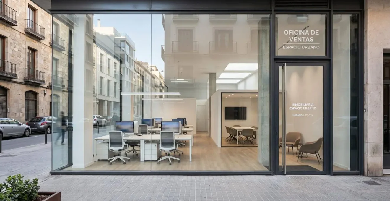 Interior de oficina inmobiliaria contemporánea vacía vista a través de un gran ventanal de cristal con luz natural y mobiliario profesional
