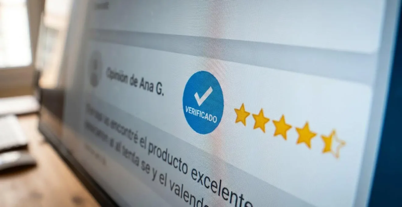 Primer plano de una pantalla de ordenador mostrando una interfaz de valoraciones con estrellas y un símbolo de verificación destacado
