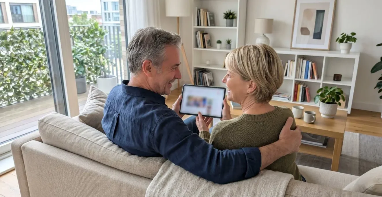 Pareja de mediana edad consultando información en una tablet mientras conversan sentados en un sofá moderno con luz natural