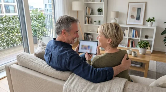 Pareja de mediana edad consultando información en una tablet mientras conversan sentados en un sofá moderno con luz natural