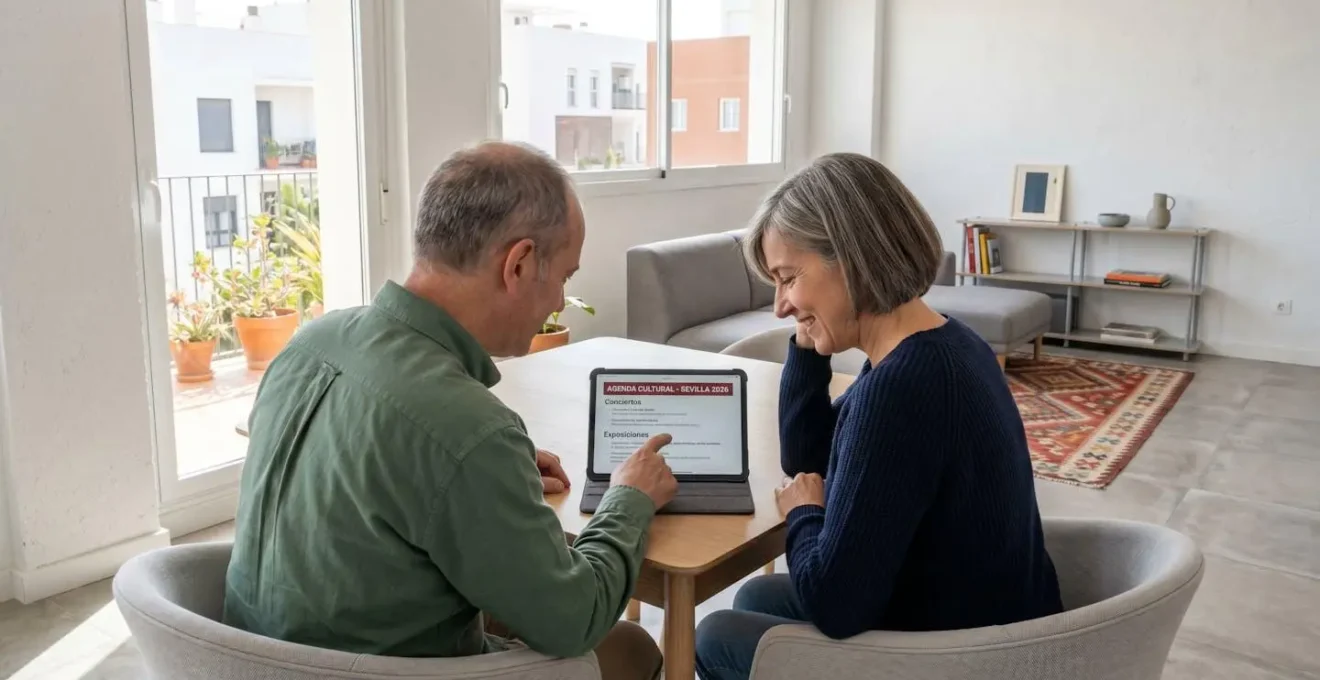 Una pareja de mediana edad revisa información en una tableta sentados juntos en un sofá luminoso de un salón contemporáneo