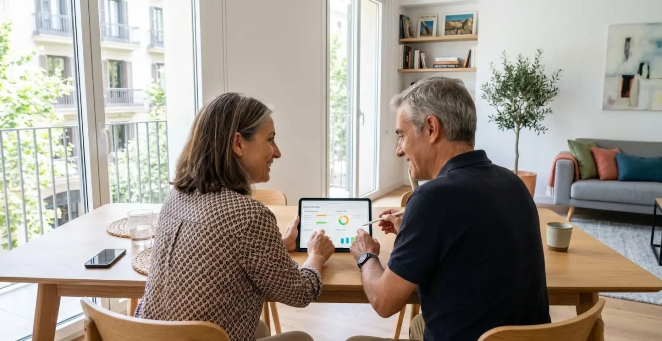 Una pareja de mediana edad revisa información en una tableta sentados juntos en un sofá luminoso de un salón contemporáneo