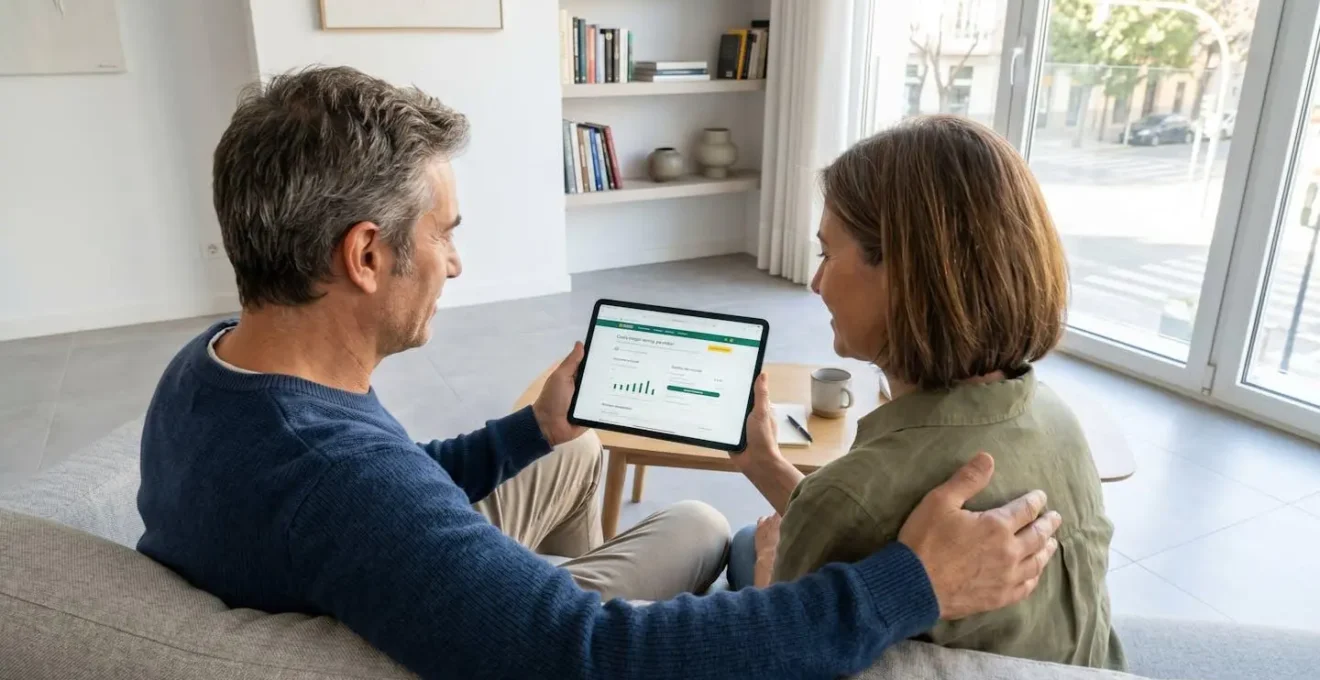 Una pareja de mediana edad revisa información en una tableta sentados juntos en un sofá luminoso de un salón contemporáneo