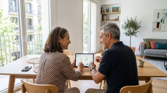 Una pareja de mediana edad revisa información en una tableta sentados juntos en un sofá luminoso de un salón contemporáneo